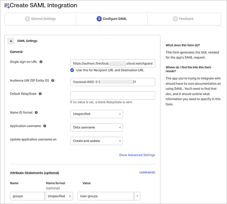 Screenshot of Okta, Configure SAML of SAML integration